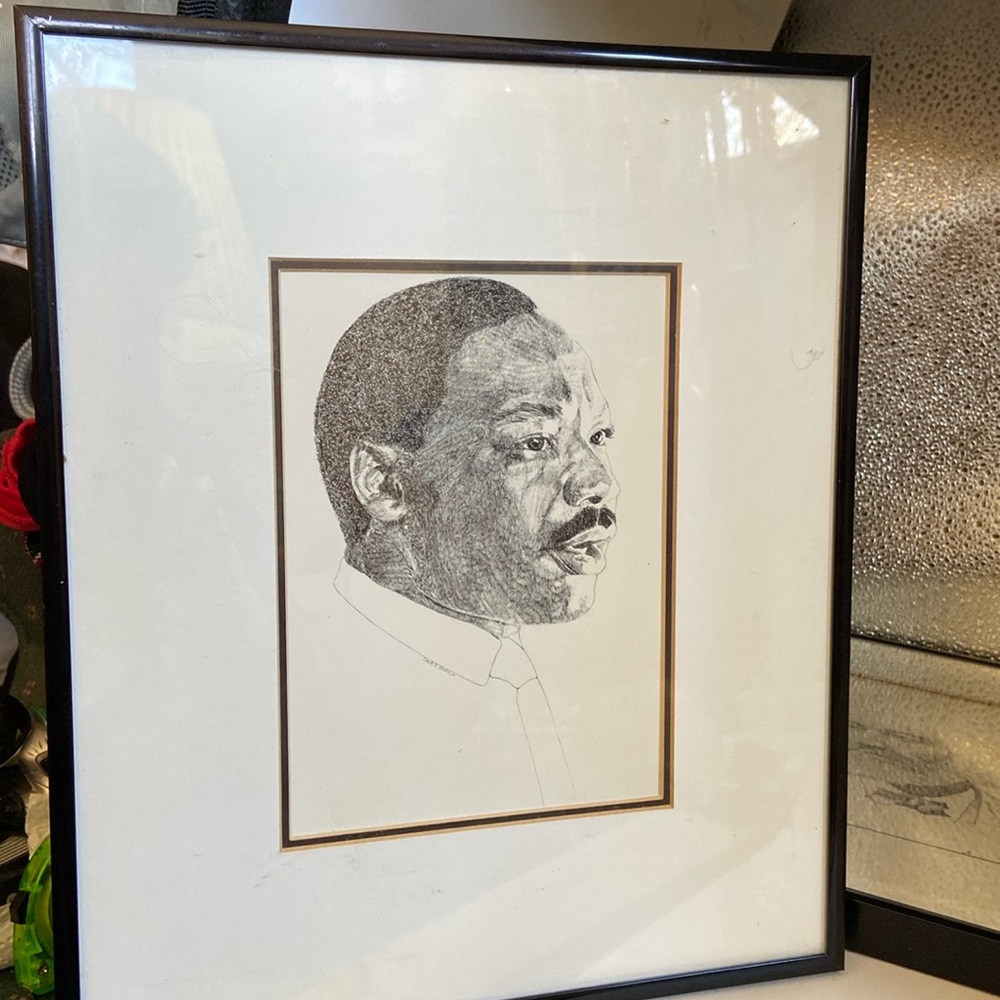 MLK reproduction of a portrait head sketch 10 x 12” framed behind glass
